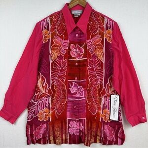 NWT Diane Gilman 100% Silk Blouse Top 2XL Pink Red Orange Floral Leaf Print